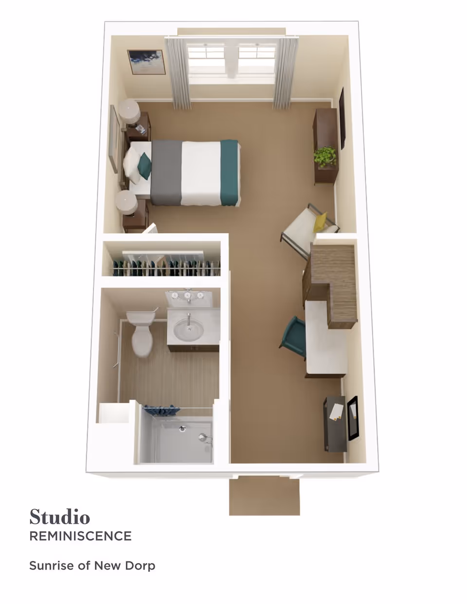 3D floor plan of a studio apartment at Sunrise of New Dorp showing a combined living and sleeping area with a bed, two nightstands with lamps, a chair, a desk with a chair, a TV on a stand, and a closet. The bathroom includes a toilet, sink with vanity, and a shower.
