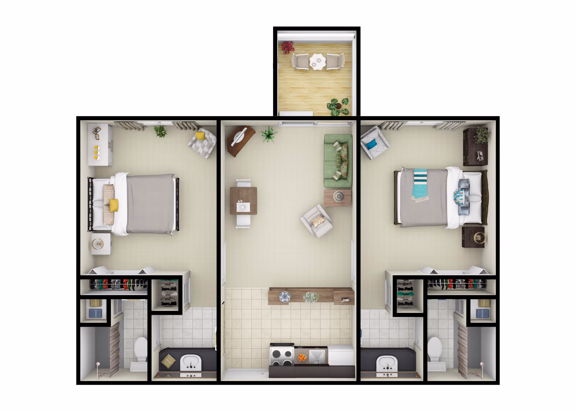 Top-down view of a two-bedroom apartment floor plan featuring two bedrooms each with a bed, nightstands, and closets. The center area includes a living room with a sofa, armchair, coffee table, and a dining table with chairs. The kitchen is adjacent with a stove, sink, and counter space. Each bedroom has an attached bathroom. There is also a small balcony with a table and two chairs.