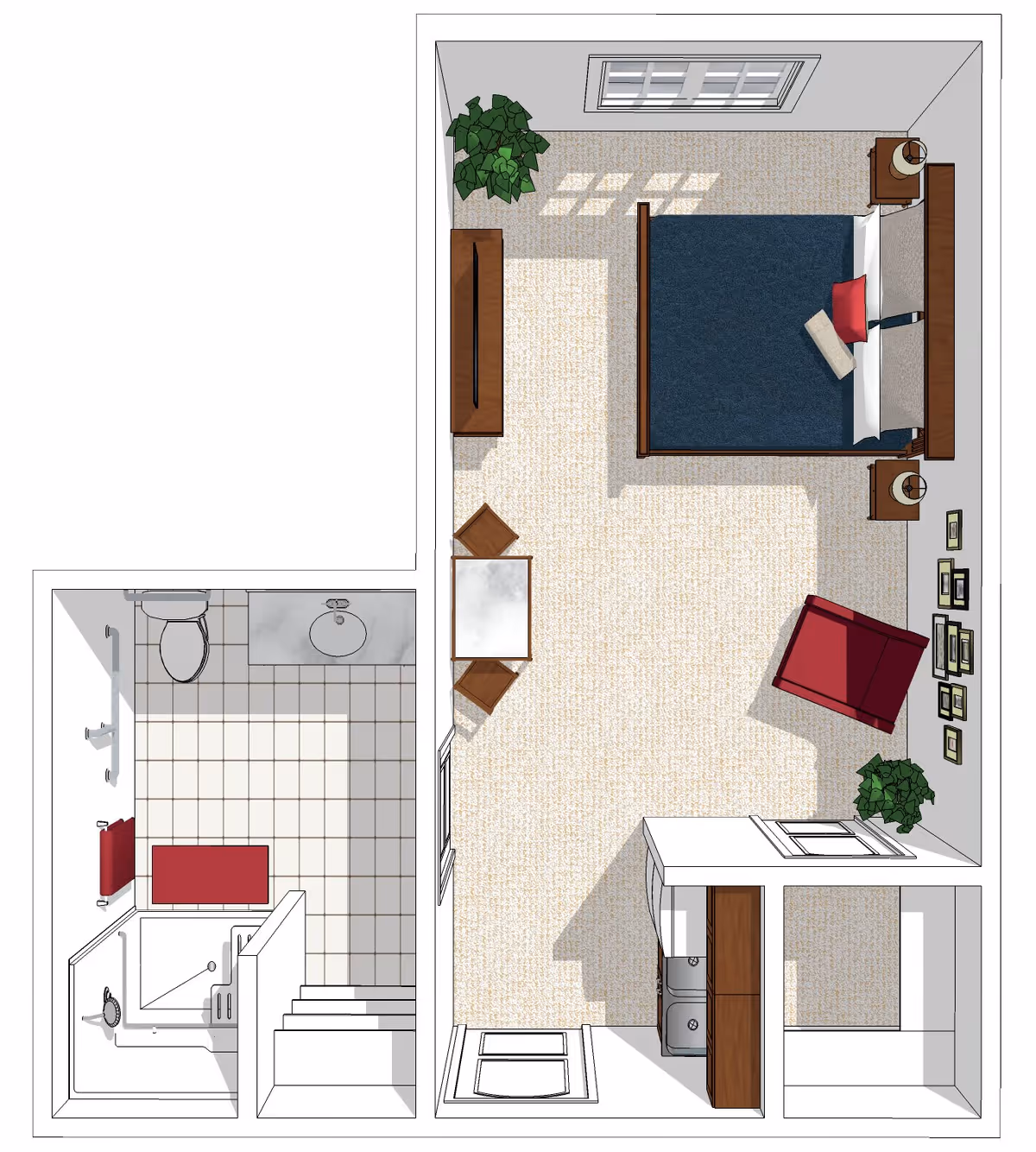 Top-down floor plan of a senior living facility room featuring a bedroom area with a bed, two nightstands, a red armchair, a TV on a stand, a small table with two chairs, and two plants. Adjacent to the bedroom is a bathroom with a toilet, sink, shower, and a red bath mat.