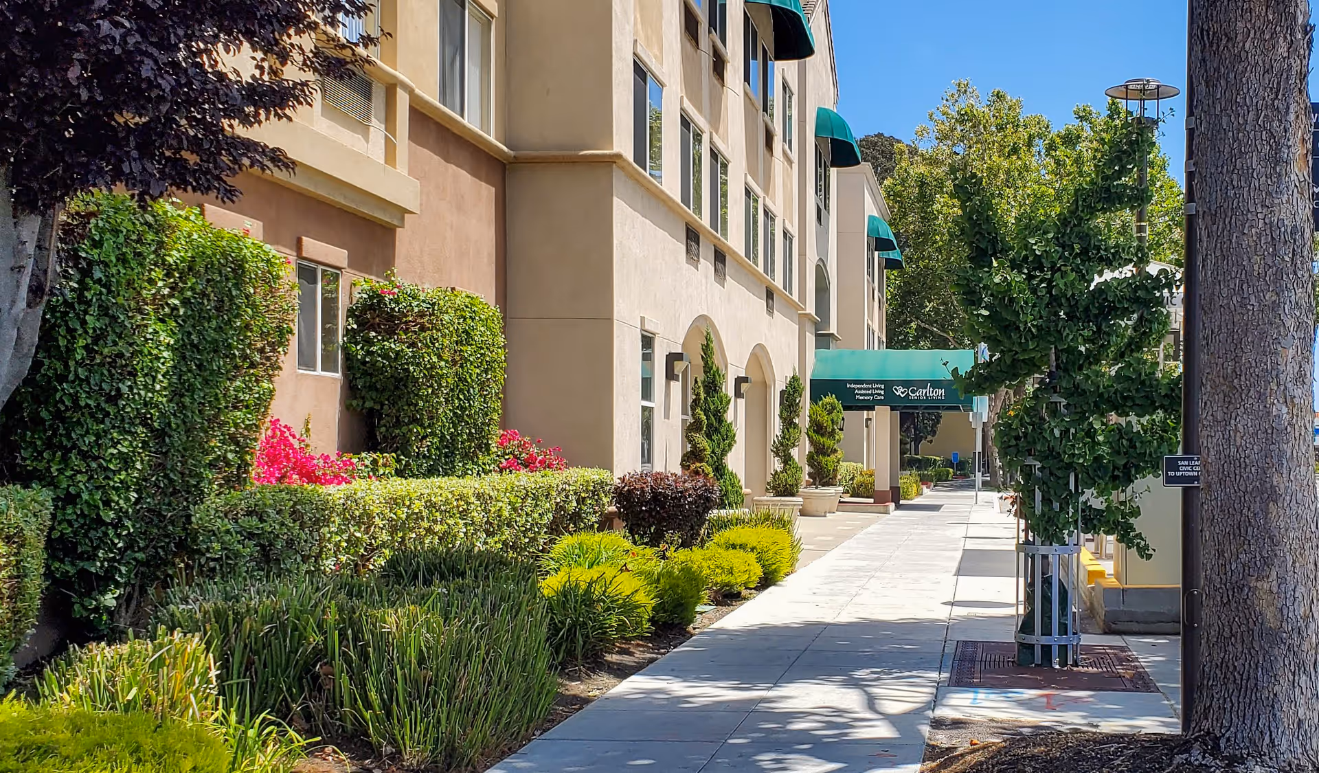 Sidewalk view of Carlton Senior Living San Leandro building with beige and light brown exterior walls, green awnings, and well-maintained landscaping including bushes, trees, and flowers under a clear blue sky.