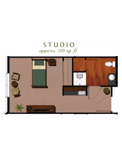 Floor plan of a studio apartment approximately 370 square feet, showing a sleeping area with a bed and nightstand, a small seating area with two chairs and a round table, a kitchenette with a sink, and a bathroom with a toilet, sink, and shower.