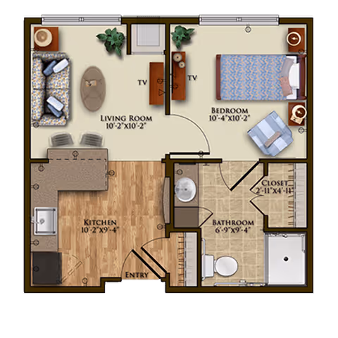 Floor plan of a one-bedroom apartment at Harmony at Five Forks showing a living room with sofa and TV, a kitchen with counter and sink, an entry area, a bedroom with bed and chair, a bathroom with toilet, sink, and shower, and a closet.
