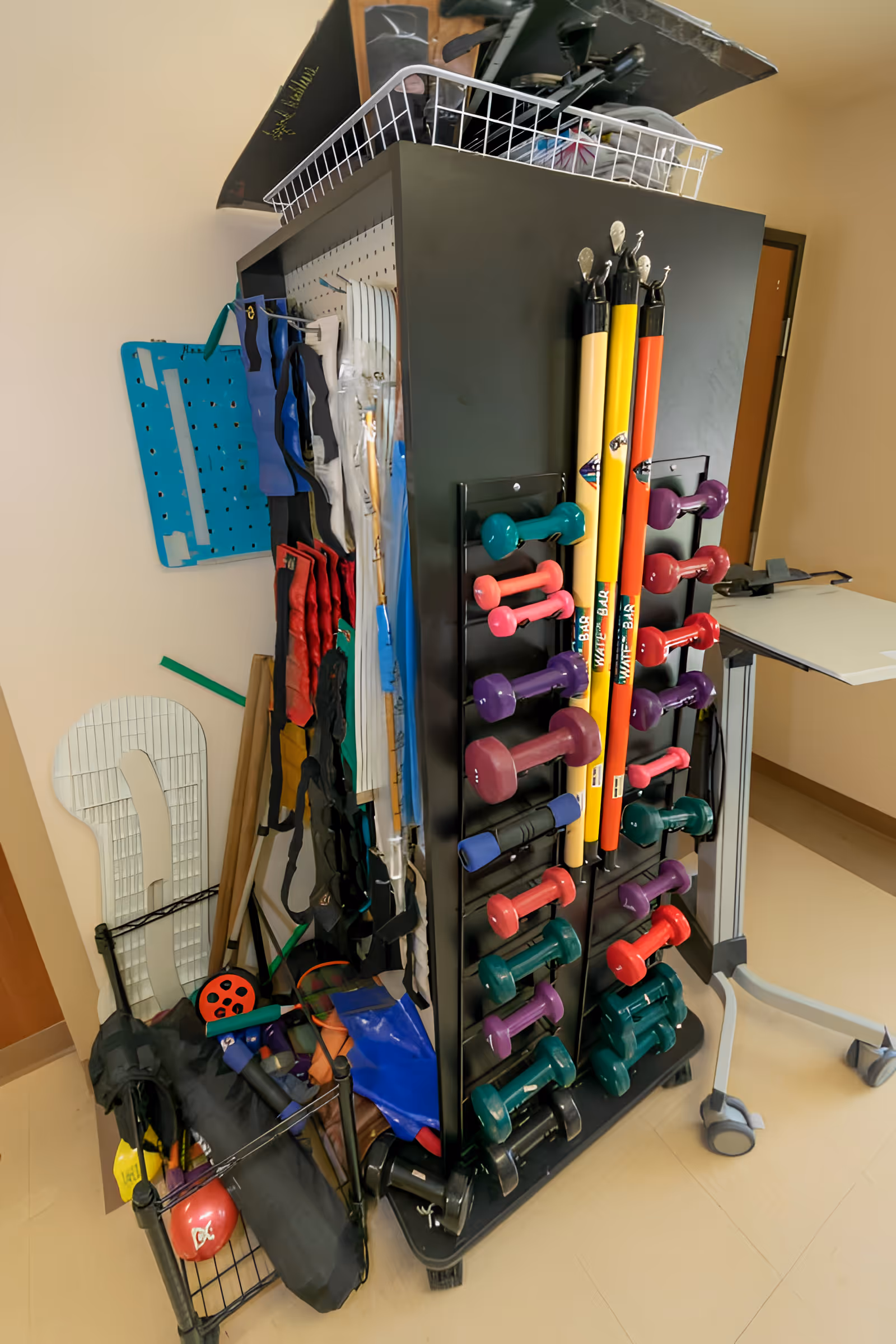 A storage rack filled with various exercise equipment including colorful dumbbells, weighted bars, resistance bands, and other physical therapy tools in a room with beige walls and a light-colored floor.