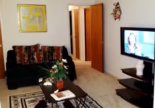 A living room with a dark sofa adorned with patterned cushions, a coffee table with a plant and books, a wall-mounted flat-screen TV showing a woman, a decorative wall hanging, and an open door leading to a hallway with multiple doors.