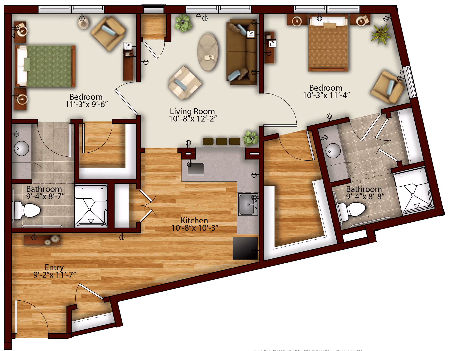 Floor plan of a residential unit at Harmony at State College showing two bedrooms, two bathrooms, a living room, a kitchen, and an entry area with dimensions labeled for each room.
