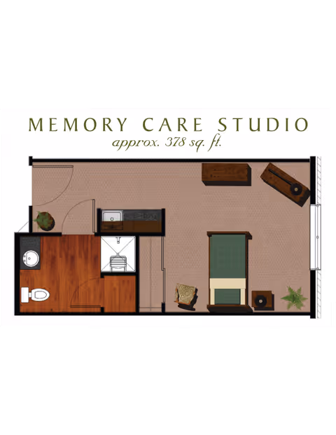 Floor plan of a memory care studio apartment approximately 378 square feet, showing a layout with a bathroom, kitchenette, and living/sleeping area with furniture including a bed, chair, and cabinets.