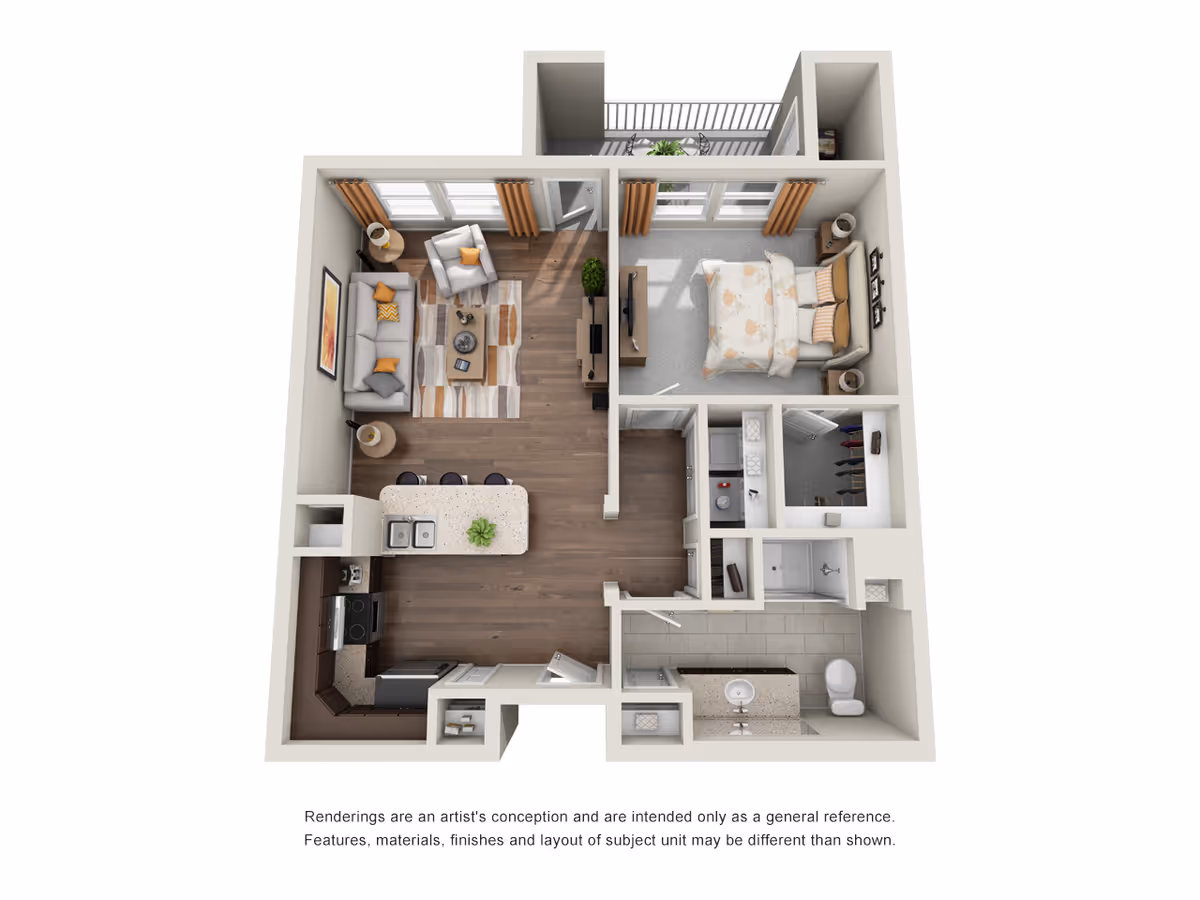 3D floor plan of a one-bedroom apartment featuring a living room with sofa, armchair, coffee table, and TV, an open kitchen with an island and bar stools, a bedroom with a bed and nightstands, a bathroom with a shower, sink, and toilet, a walk-in closet, and a small balcony with outdoor seating.