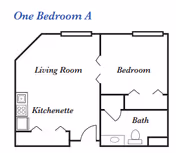 Floor plan labeled One Bedroom A showing a living room, kitchenette, bedroom, and bath.