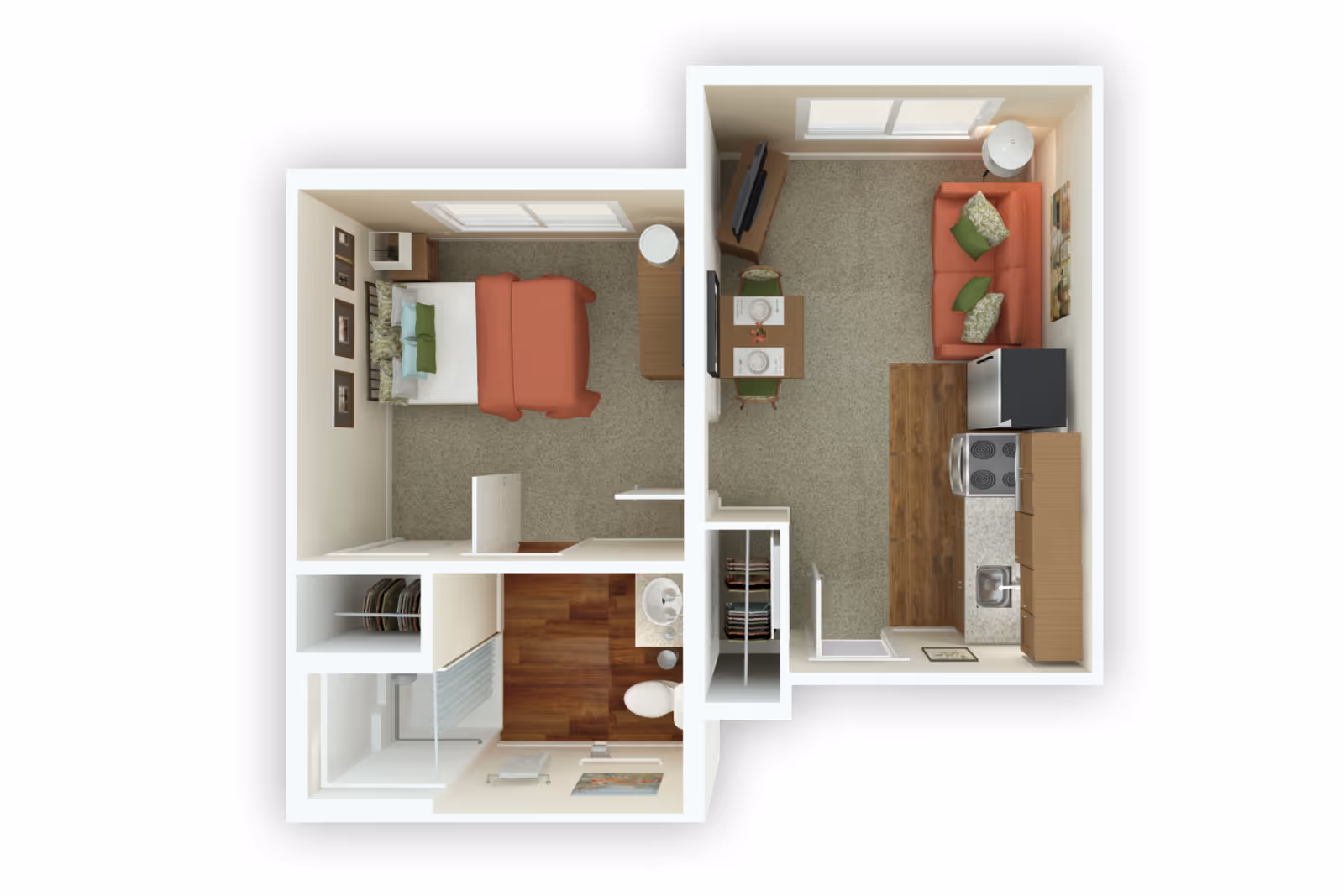 Top-down view of a one-bedroom apartment floor plan showing a bedroom with a bed and nightstand, a bathroom with a shower, toilet, and sink, and a combined living room and kitchen area with a sofa, TV, dining table, and kitchen appliances.