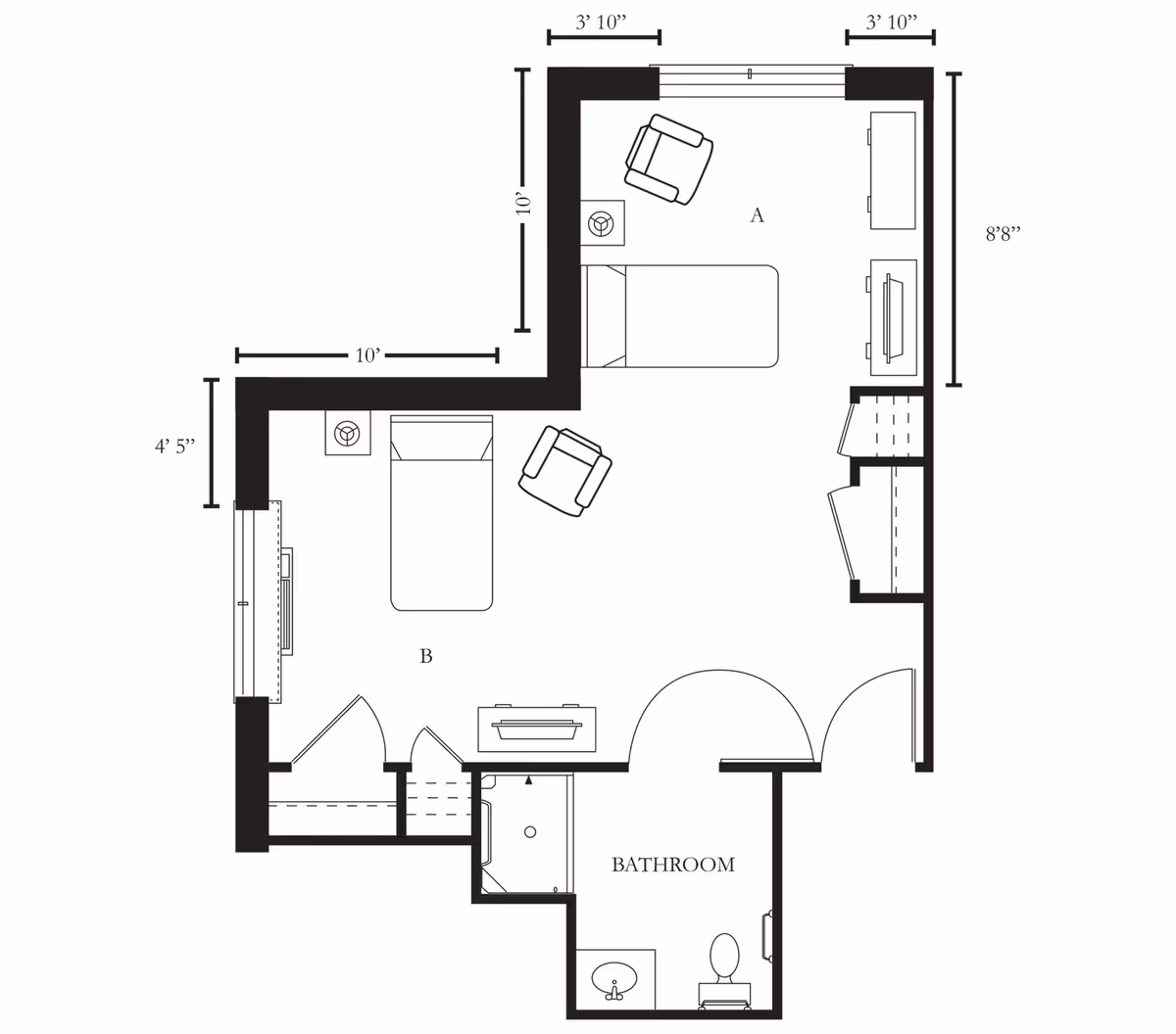 Architectural floor plan of a living space at Dunlop House Assisted Living & Memory Care, showing two sleeping areas labeled A and B, each with a bed, chairs, and furniture. The plan includes a bathroom with a shower, toilet, and sink. Dimensions of various sections are marked.