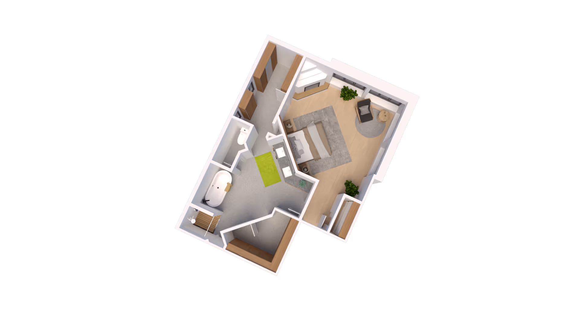 3D floor-plan rendering of a one-bedroom assisted living suite showing a bedroom, seating area, bathroom with bathtub, closets and entry hall on a black background.
