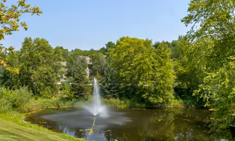 A small pond with a central fountain surrounded by trees and grassy banks.
