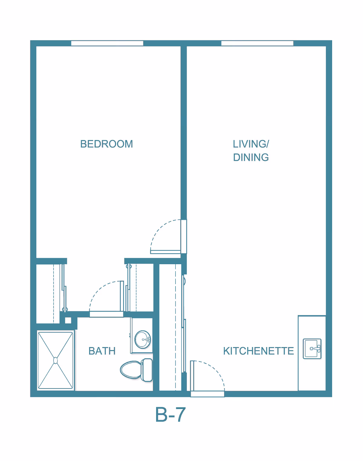 Floor plan layout labeled B-7 showing a one-bedroom unit with a bedroom, bathroom, and a combined living/dining area with a kitchenette.
