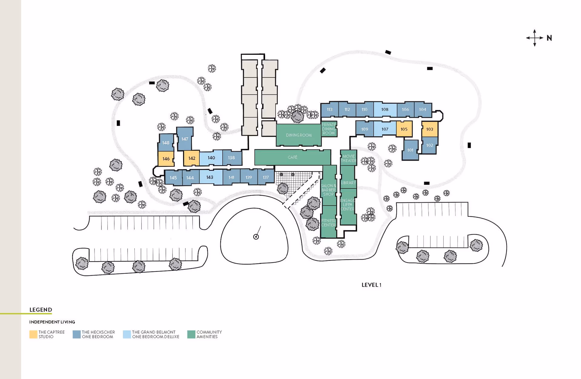 Floor plan of Atria Hertlin Place Level 1 showing independent living units and community amenities. The map includes labeled rooms such as dining room, private dining room, café, movie theater, library, engage life center, salon & barber shop, and fitness center. Different unit types are color-coded: The Captree Studio in yellow, The Heckscher One Bedroom in blue, The Grand Belmont One Bedroom Deluxe in light blue, and Community Amenities in green. The plan also shows parking areas, pathways, and landscaping with trees.