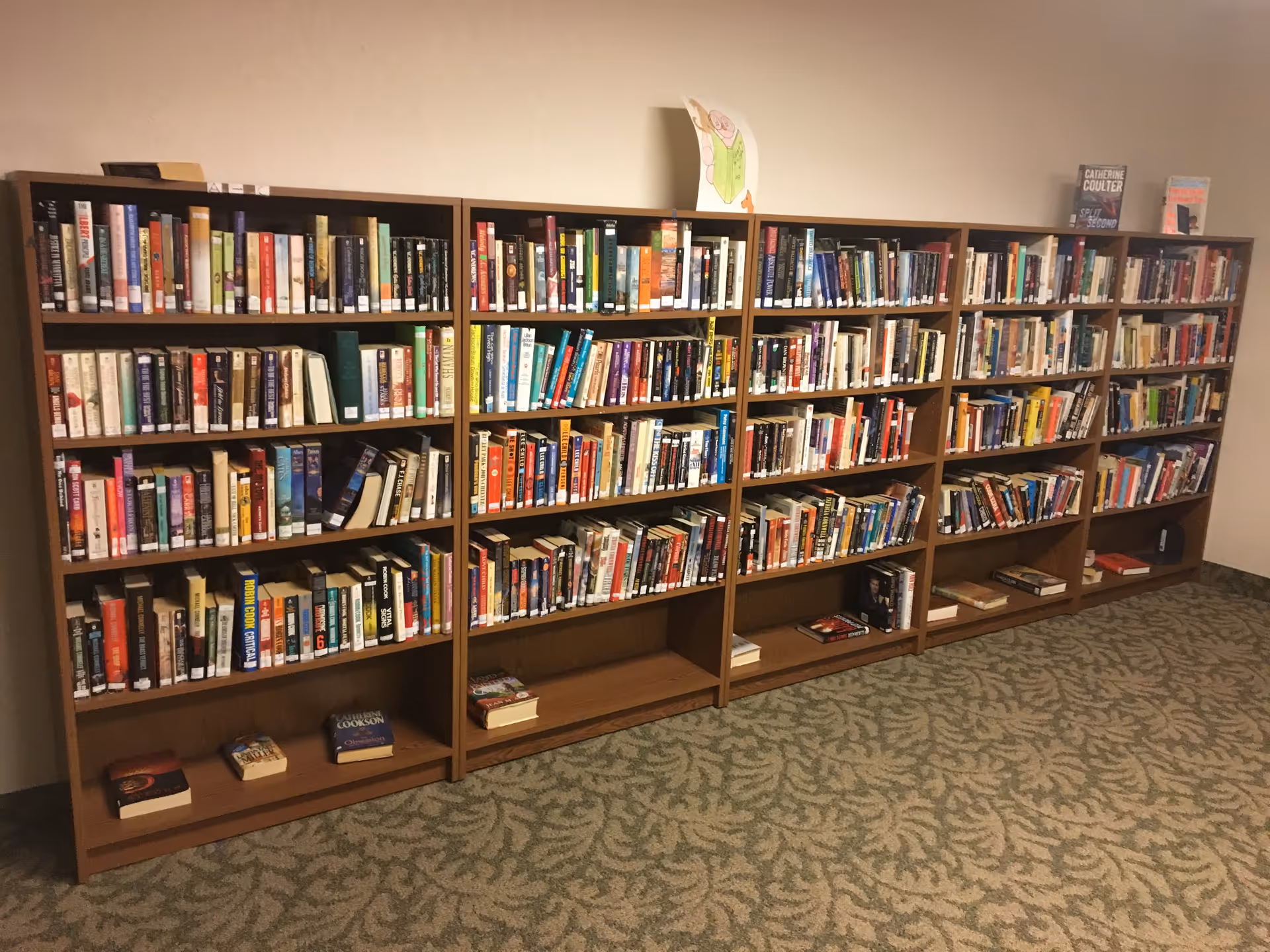 A long wooden bookshelf filled with a variety of books arranged neatly on multiple shelves against a beige wall, with a patterned carpeted floor in front.