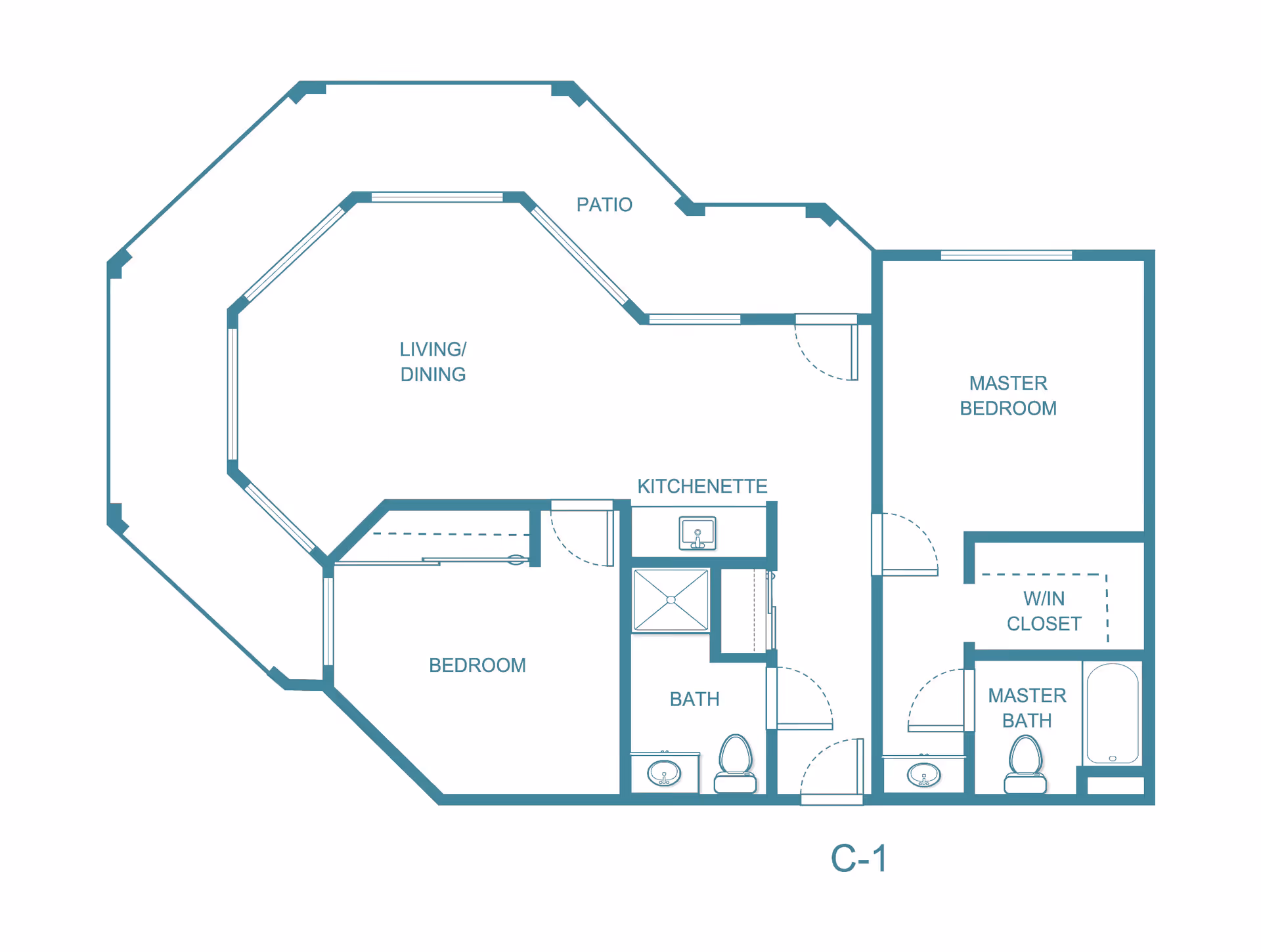 Floor plan layout of a living space at Solista Everett showing a master bedroom with walk-in closet and master bath, a second bedroom, a bath, kitchenette, living/dining area, and a patio.