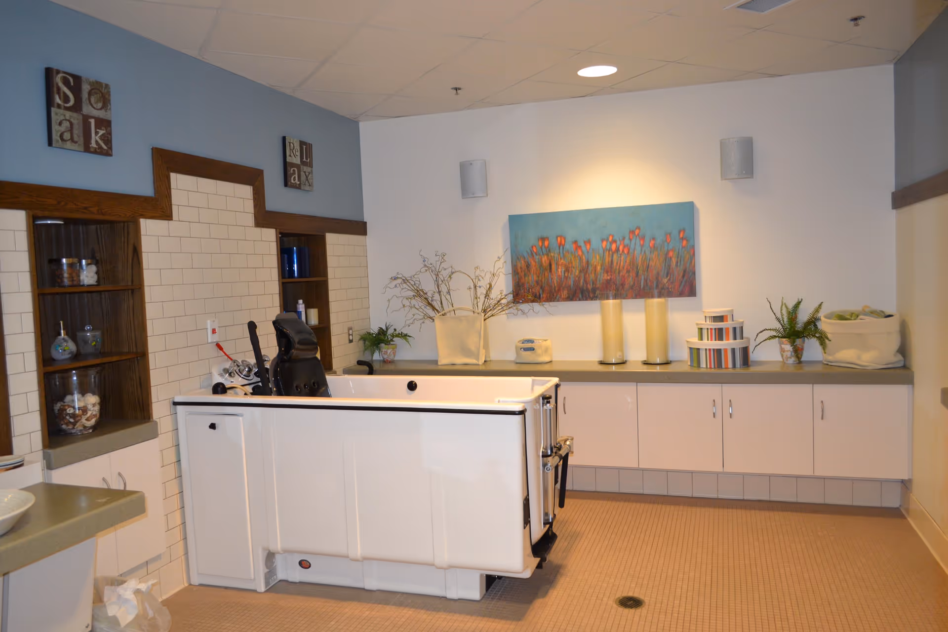 A spacious bathing room with a large white accessible bathtub equipped with a black chair lift. The room has light blue and white tiled walls with wooden shelving holding decorative items. A countertop with cabinets underneath runs along the back wall, decorated with plants, a colorful painting of flowers, and cylindrical containers. The floor is covered with beige tiles.