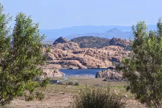 A scenic outdoor view featuring rocky hills and a body of water in the distance, framed by green trees and shrubs in the foreground under a clear blue sky.