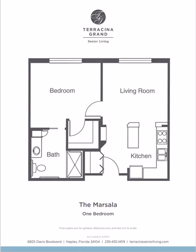 Floor plan of The Marsala one-bedroom apartment at Terracina Senior Living, showing a bedroom, bath, living room, and kitchen layout.