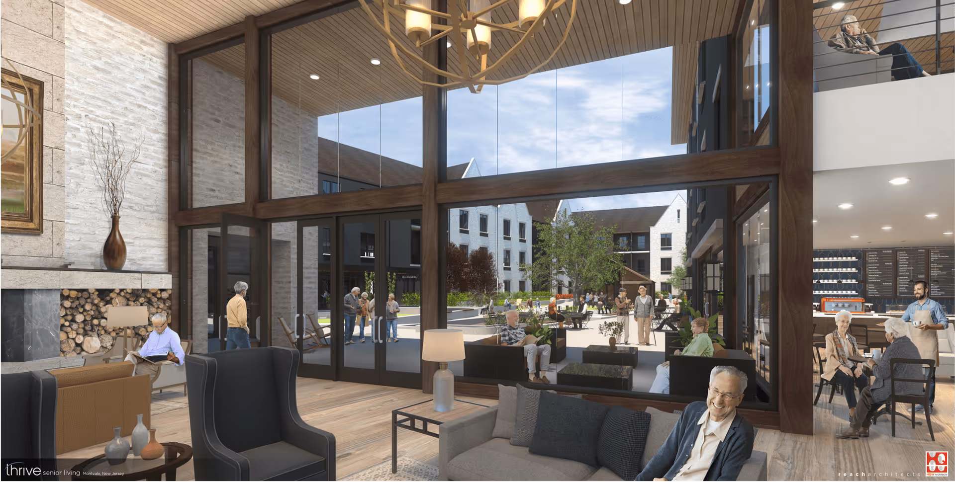 A spacious senior living facility lounge area with large floor-to-ceiling windows overlooking an outdoor courtyard where several seniors are socializing. Inside, seniors are seated comfortably on sofas and chairs near a fireplace and a coffee table with decorative vases. To the right, there is a café area with a barista serving coffee to seated seniors. The interior features wooden ceilings, modern lighting, and a warm, inviting atmosphere.
