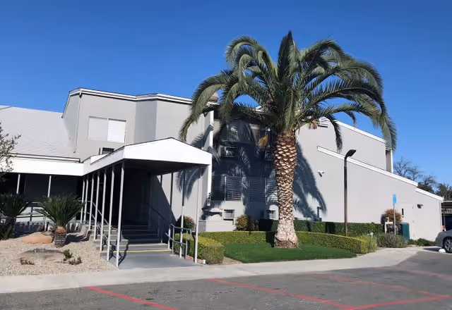 Exterior view of a light gray building with a covered entrance ramp, surrounded by landscaping including a large palm tree and trimmed bushes under a clear blue sky.