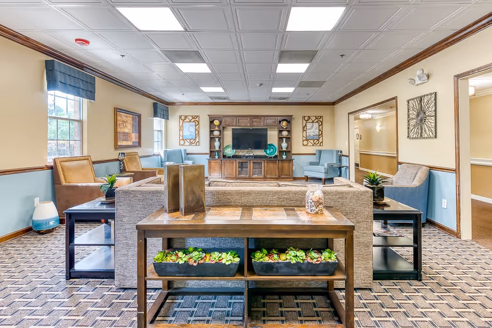 A bright and spacious senior living facility common area with comfortable seating including armchairs and sofas arranged around a wooden entertainment center with a flat-screen TV. The room features large windows with blue valances, decorative wall art, and a patterned carpet. There are side tables with plants and decorative items, and the walls are painted in a two-tone color scheme with wood trim.