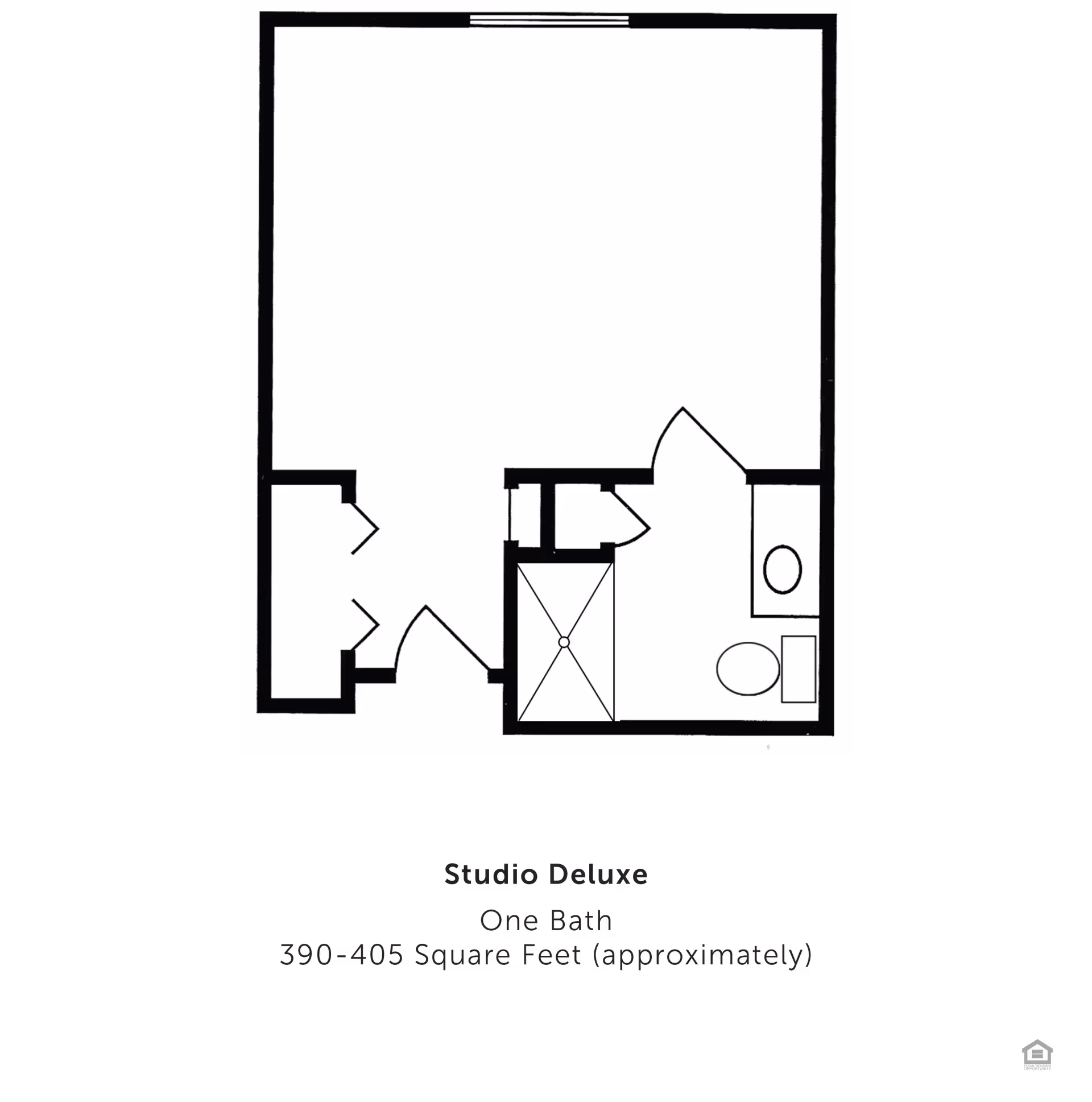 Black-and-white schematic floor plan of a studio deluxe apartment showing a main living area, entry closets, and one bathroom with shower and toilet.
