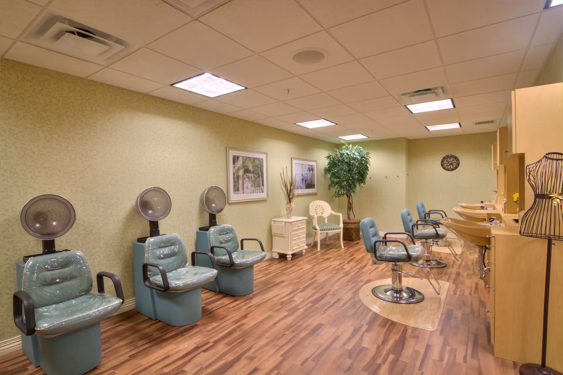 Interior view of a salon area in a senior living facility with three vintage hair drying chairs on the left and three styling chairs with sinks on the right. The room has wood flooring, light green patterned wallpaper, framed pictures on the wall, a potted plant, a white chair, and a small white cabinet. The ceiling has recessed lighting and ventilation.