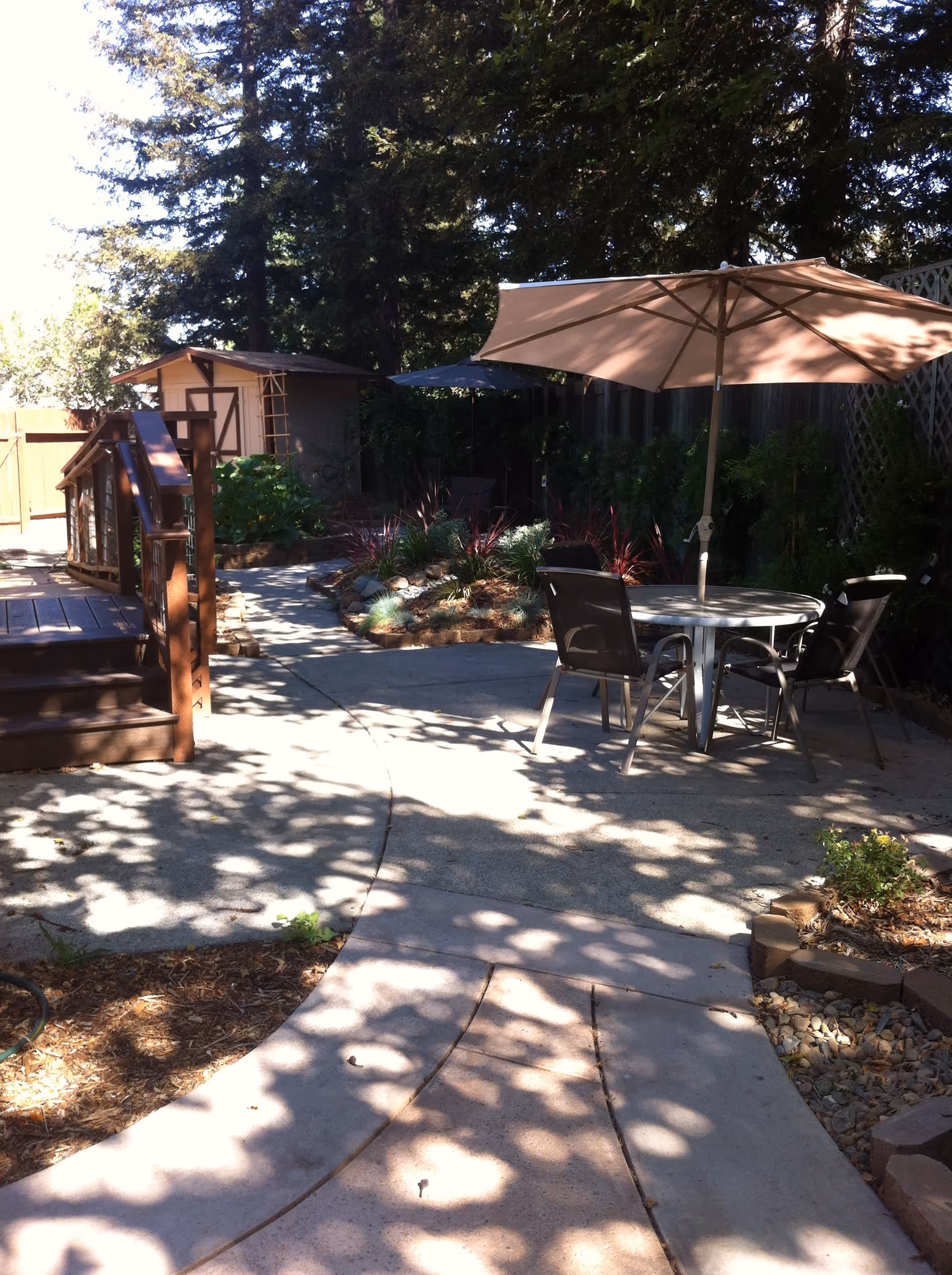 Sunlit backyard patio with a round table and umbrella, chairs, a wooden deck, garden beds and a small shed among tall trees.