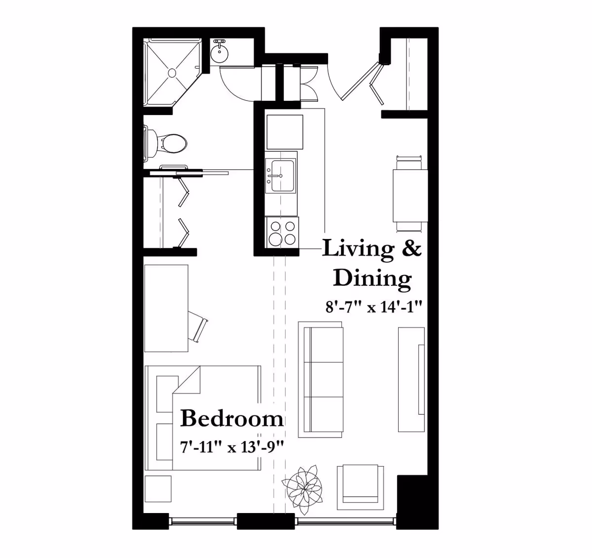 Architectural floor plan of a senior living unit at Summit Place Senior Campus showing a bedroom measuring 7 feet 11 inches by 13 feet 9 inches, a combined living and dining area measuring 8 feet 7 inches by 14 feet 1 inch, a kitchen area, and a bathroom with a shower, toilet, and sink.