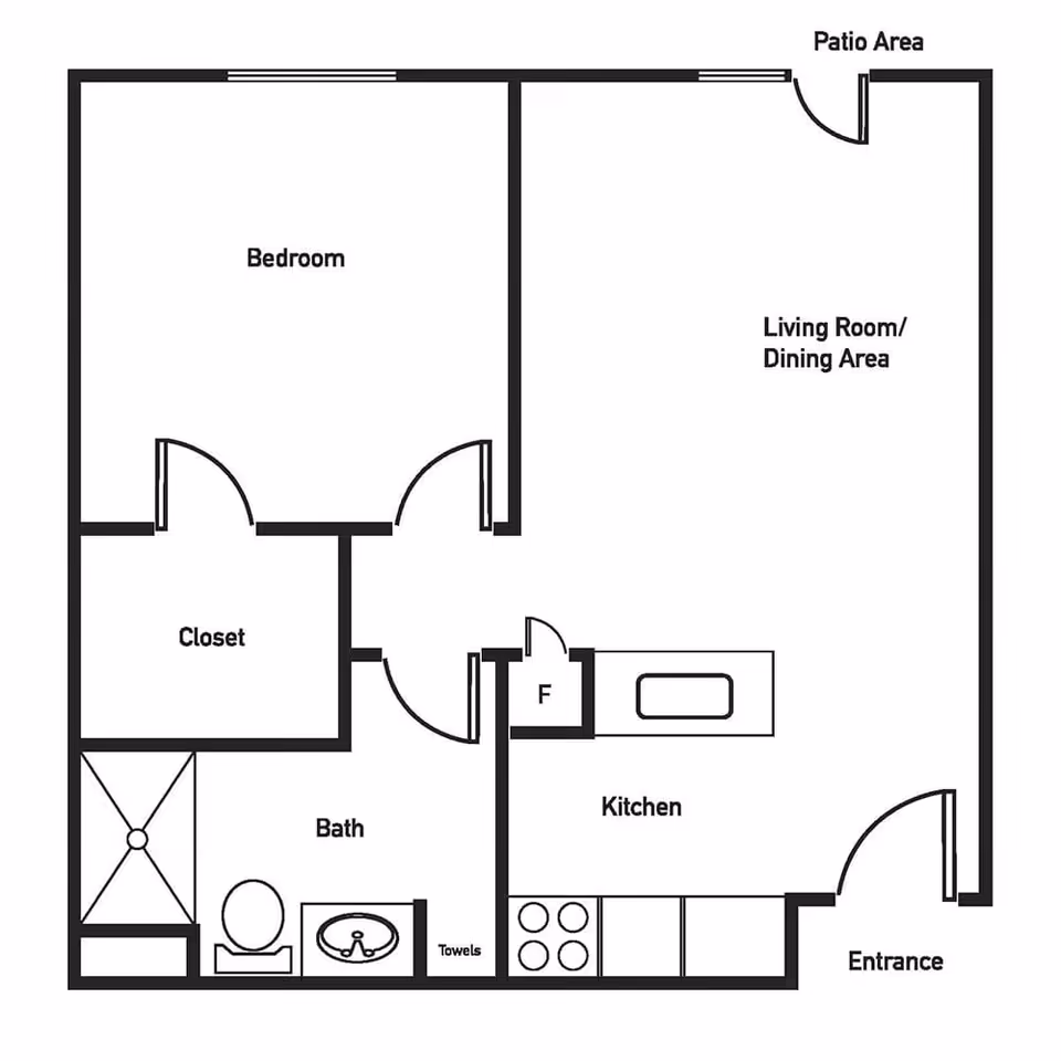 Floor plan of a one-bedroom apartment at Brookstone Estates of Harrisburg showing a bedroom with a closet, a bathroom with a shower, toilet, and sink, a kitchen with stove and sink, and a combined living room and dining area with access to a patio area. The entrance is located near the kitchen.