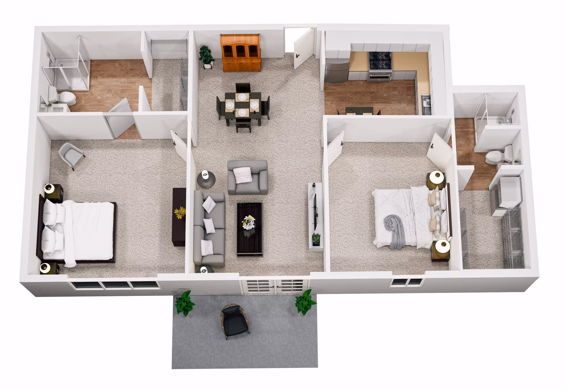 3D floor plan of a personal care home featuring two bedrooms, two bathrooms, a living room with sofa and armchair, a dining area with a table and four chairs, and a kitchen with appliances. There is also a small outdoor patio with a chair and two potted plants.