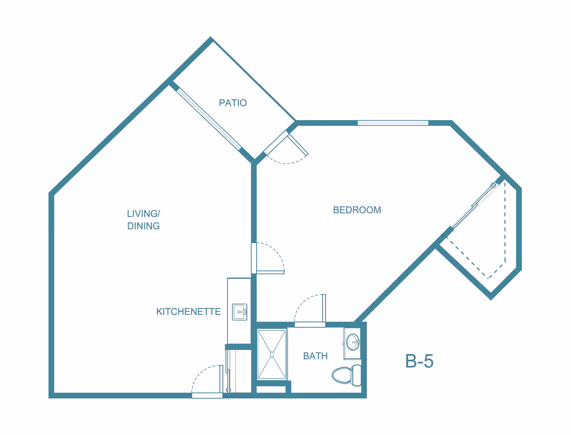 Floor plan of a senior living unit labeled B-5 at Independence Village of Des Moines, showing a living/dining area with kitchenette, a bedroom, a bathroom, and a patio.