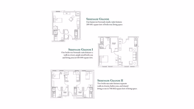 Floor plans for three different suite layouts named Serenade Grande, Serenade Grande I, and Serenade Grande II, showing bedroom, living room, kitchen, bathroom, and closet arrangements with square footage details.
