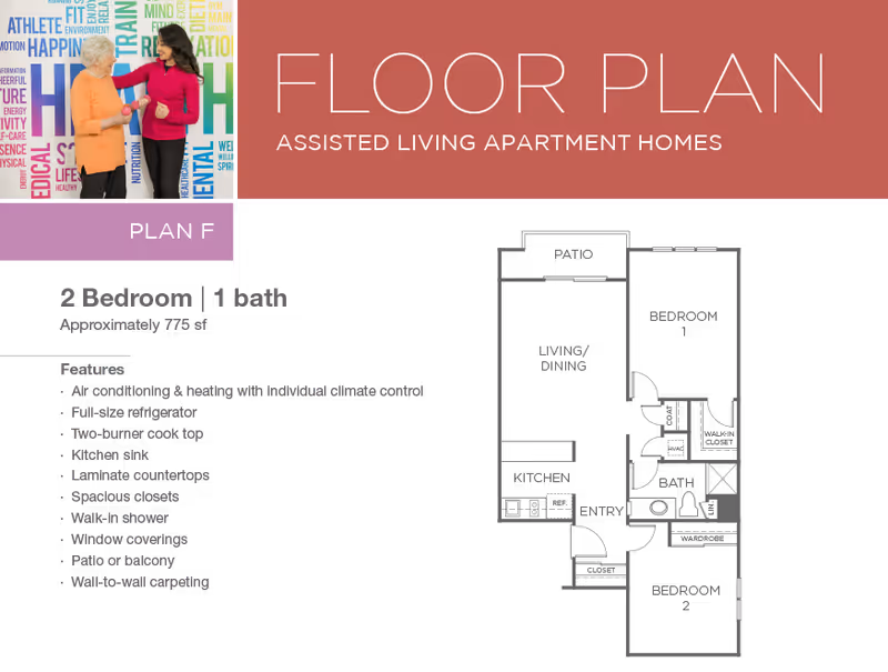 Floor plan for Plan F, a 2 bedroom, 1 bath assisted living apartment home approximately 775 square feet at Drake Terrace. The layout includes features such as air conditioning and heating with individual climate control, full-size refrigerator, two-burner cooktop, kitchen sink, laminate countertops, spacious closets, walk-in shower, window coverings, patio or balcony, and wall-to-wall carpeting. The image also shows a photo of two women exercising with dumbbells in front of a colorful health-themed wall.