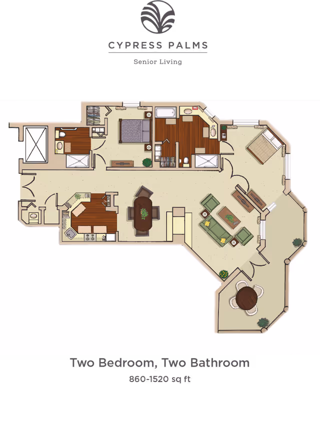Illustrated two-bedroom, two-bathroom apartment floor plan with furniture layout for Cypress Palms senior living.