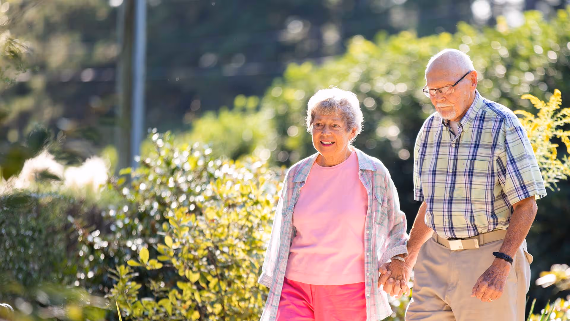 An elderly couple holding hands and walking outdoors on a sunny day, surrounded by greenery and plants.