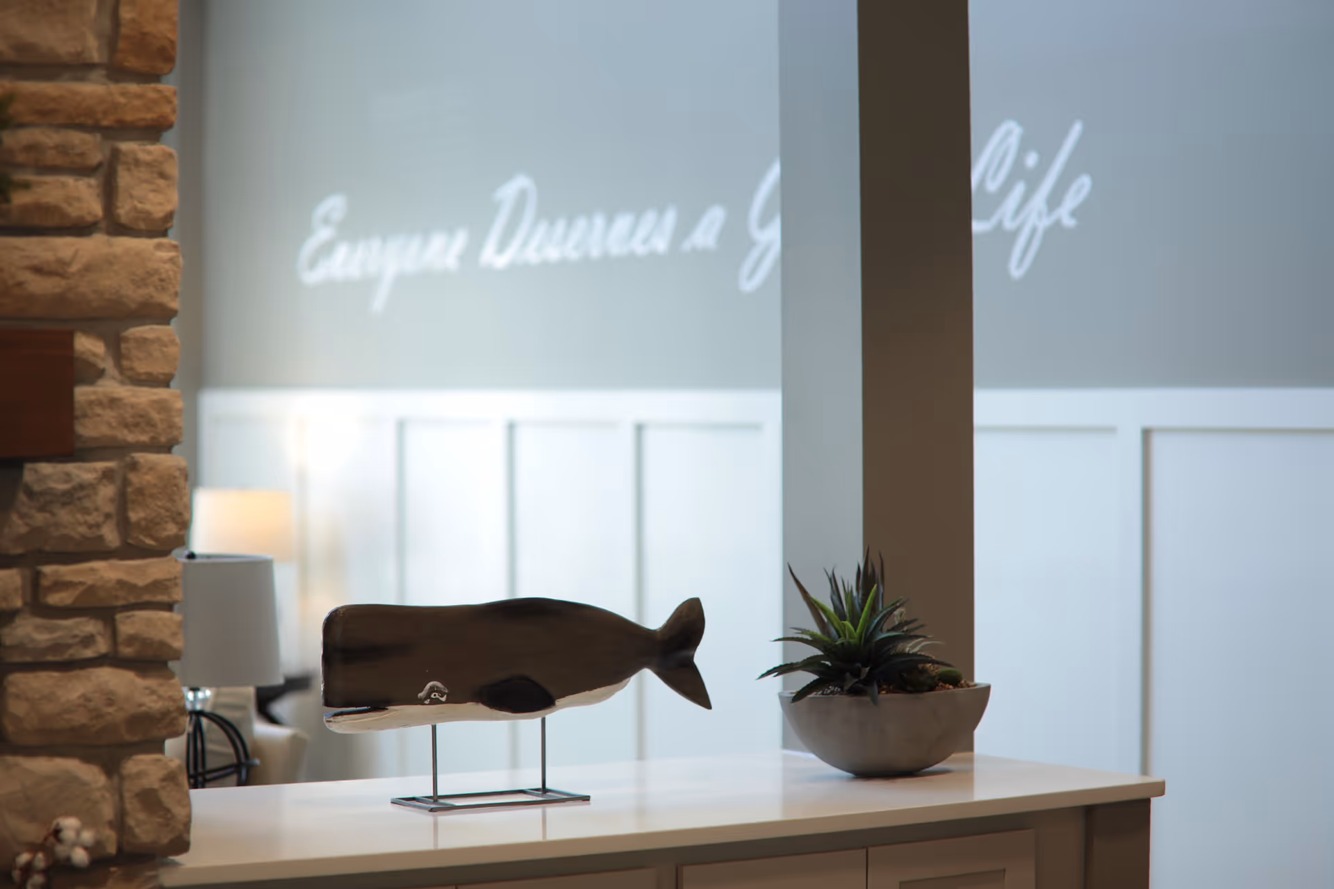 A decorative wooden whale sculpture and a potted succulent plant sit on a white countertop in a softly lit interior space with a stone wall on the left and a lamp in the background. The wall behind has white paneling and a partially visible cursive sign.