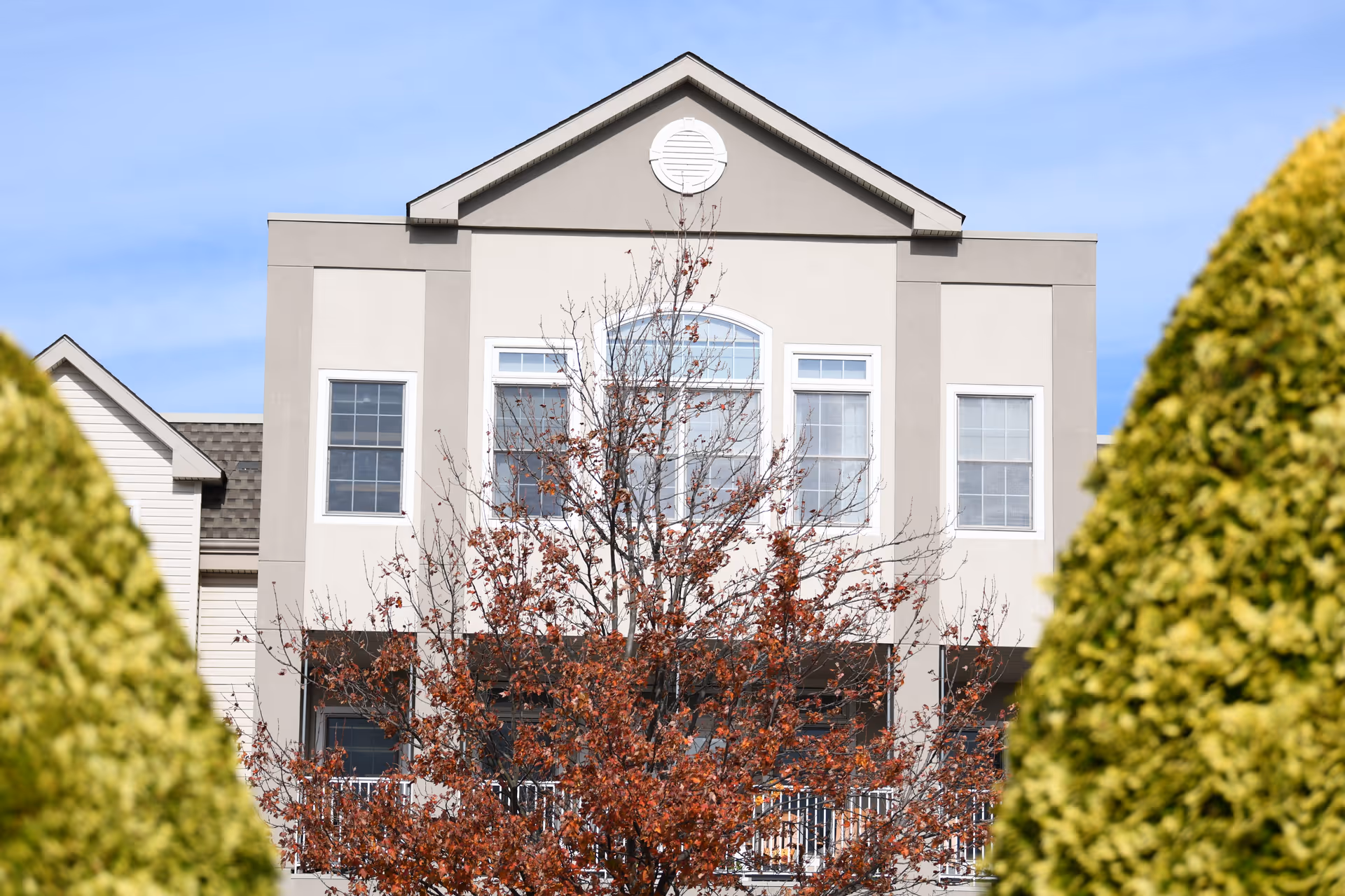 Front exterior view of a multi-story building with beige and light gray walls, several windows, and a tree with red leaves in the foreground, partially framed by green bushes.