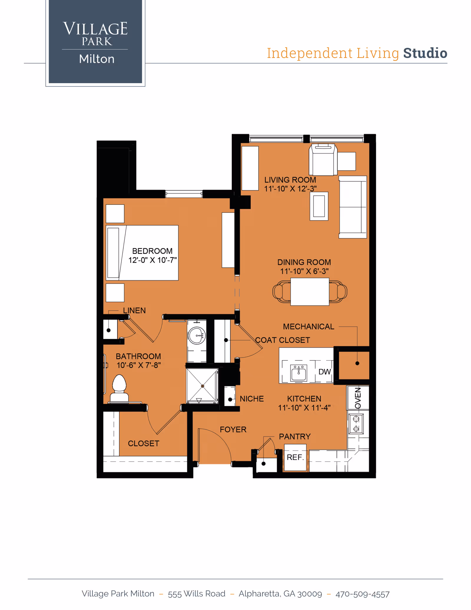 Floor plan of an independent living studio showing labeled bedroom, bathroom, kitchen, living and dining areas with measurements.