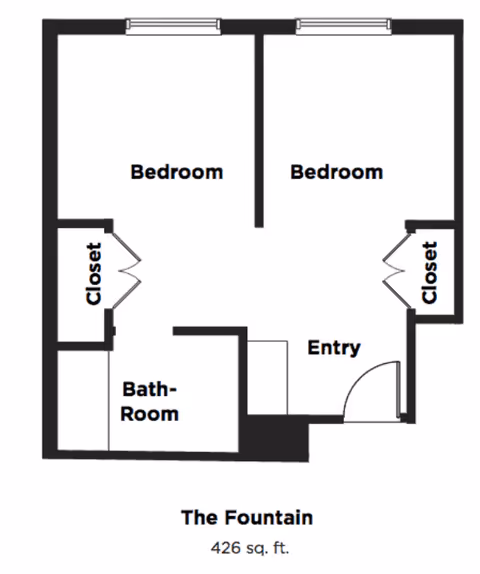 Floor plan layout named The Fountain showing two bedrooms, each with a closet, one bathroom, and an entry area, covering 426 square feet.