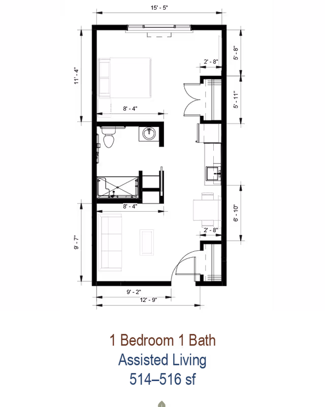 Architectural floor plan of a 1 bedroom, 1 bathroom assisted living unit showing layout with bedroom, bathroom, living area, kitchen, and dining space with dimensions.