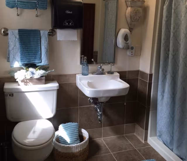 A small bathroom with a white toilet and a white wall-mounted sink. Above the toilet are two blue towels hanging on a towel rack and a small flower arrangement on the toilet tank. A mirror is mounted above the sink, with a soap dispenser attached to the wall next to it. A shower with a blue patterned curtain is visible on the right side. The floor and lower half of the walls are tiled in brown.