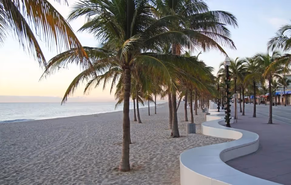 A sandy beach lined with palm trees next to a curved white concrete bench and a paved walkway. The ocean is visible on the left side under a clear sky during sunset or sunrise.