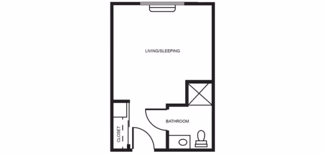 Floor plan of a room at Barathaven Alzheimer's Special Care Center showing a combined living and sleeping area, a bathroom with a toilet and sink, and a closet near the entrance.