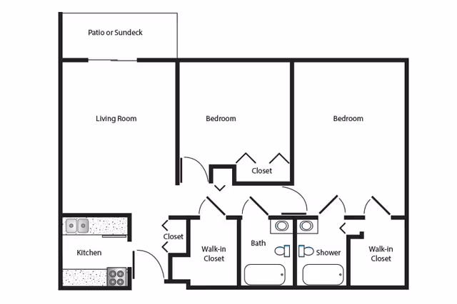 Two-bedroom floor plan showing a living room with patio, kitchen, entry and walk-in closets, and two adjacent bathrooms.