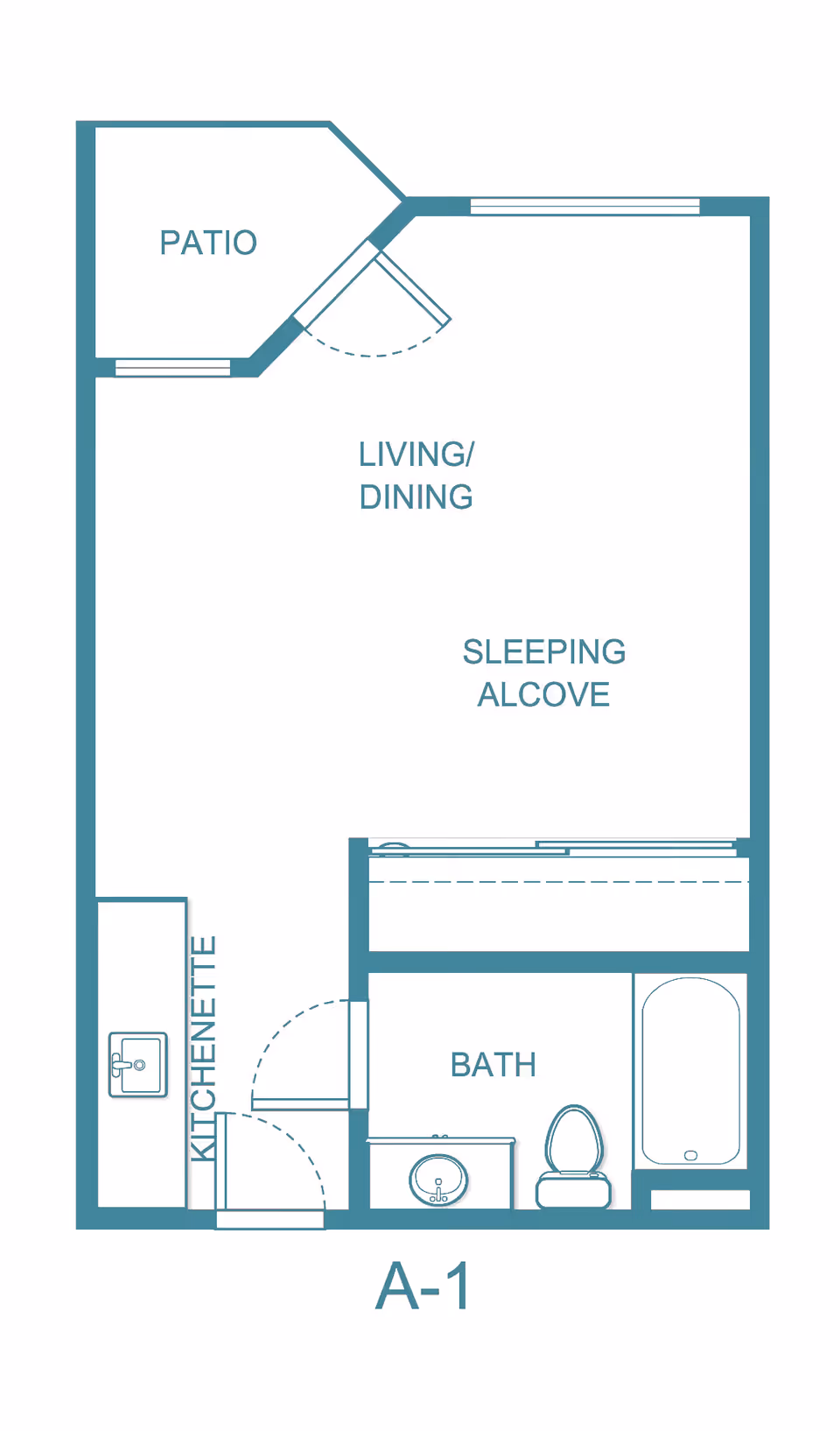 Floor plan layout of a studio apartment labeled A-1 at Capital Place Retirement Community, featuring a patio, living/dining area, sleeping alcove, kitchenette, and a bathroom with a sink, toilet, and bathtub.
