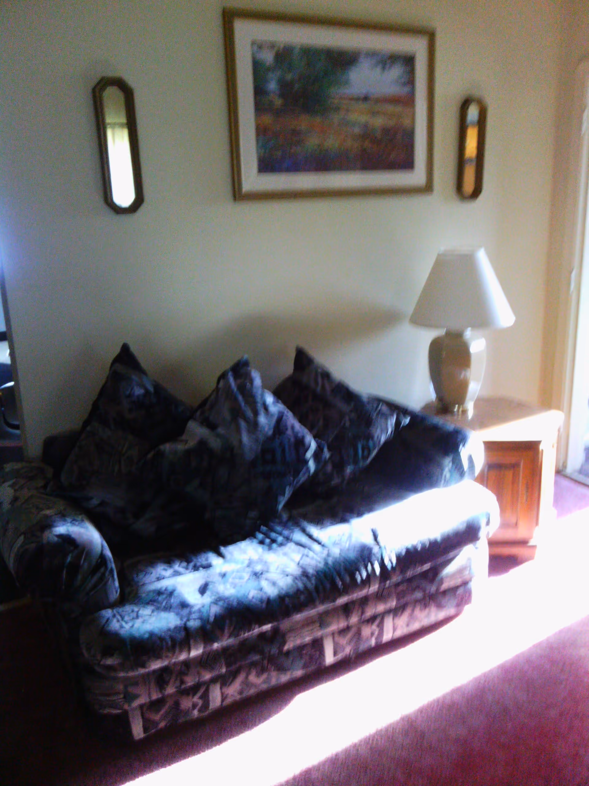 A patterned fabric loveseat with several matching cushions sits against a beige wall. Above the loveseat is a framed landscape painting flanked by two small decorative mirrors. To the right of the loveseat is a wooden side table with a beige lamp on it. Sunlight streams in from the right side, illuminating part of the loveseat and the carpeted floor.