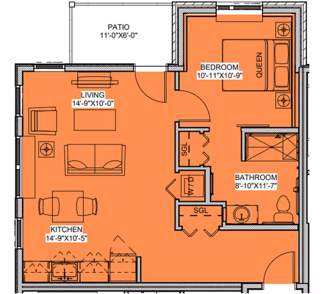 Colored floor plan of a one-bedroom apartment showing a living room, kitchen, bedroom, bathroom, closets, and a patio with room dimensions labeled.