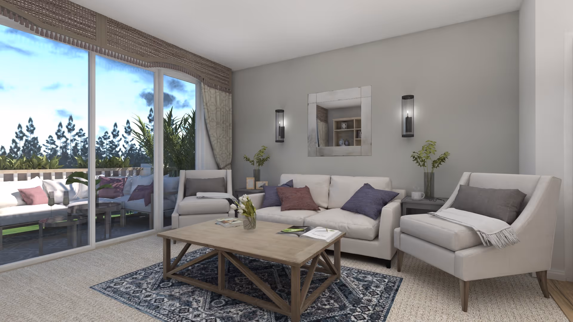 Bright living room with a sofa, two armchairs, a wooden coffee table on a patterned rug, and sliding glass doors opening to an outdoor seating area.